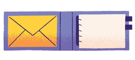 Office organizer, notebook with papers and envelope. Notepad, open planning journal with blank sheets, pages. Planner, note pad on spiral. Flat vector illustration isolated on white backgroundのイラスト素材