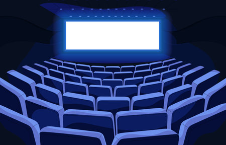 Cinema interior with blank screen mockup and empty chairs, back view. Film room indoor backside with glowing display background for movie premiere, seats rows from behind. Flat vector illustrationのイラスト素材