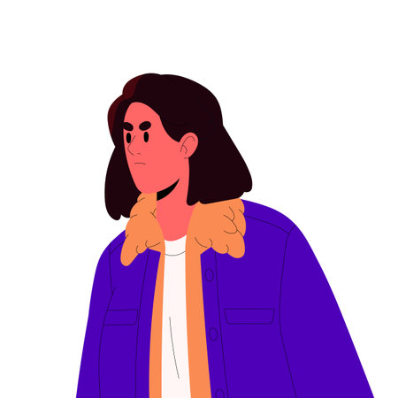 Angry person, frowning annoyed face expression. Irritated troubled unhappy discontent character looking with negative annoyance emotion. Flat vector illustration isolated on white backgroundのイラスト素材