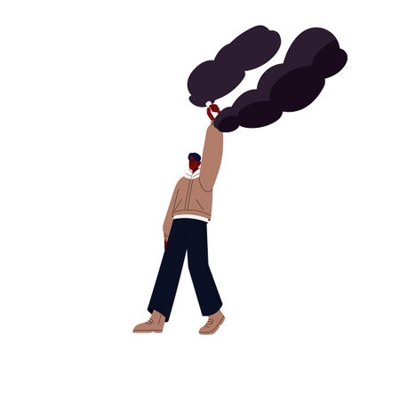 Protester throwing flame gasoline bomb bottle, Molotov cocktail. Man activist, protestant protesting, holding flammable incendiary container. Flat vector illustration isolated on white backgroundのイラスト素材