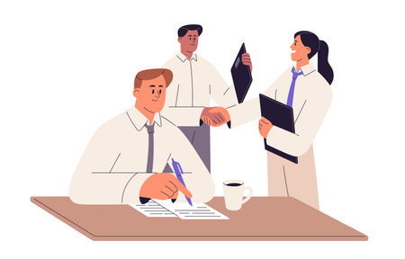 Business deal concept. Partners handshake after negotiation on partnership, agreement, collaboration, cooperation, signing, concluding contract. Flat vector illustration isolated on white backgroundのイラスト素材