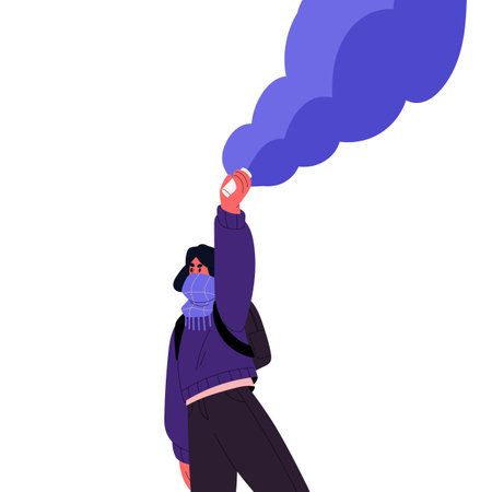 Protester holding incendiary bottle, flame bomb, explosive fire substance. Aggressive anarchy activist throwing handmade weapon at revolution. Flat vector illustration isolated on white backgroundのイラスト素材