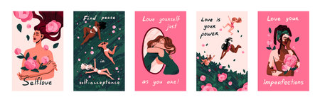 Love Yourself postcards set. Women motivation cards designs with quotes about self-acceptance, support phrases, happy girls, female power, care. Inspiration concept posters. Flat vector illustrationsのイラスト素材