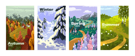 Four seasons cards set. Autumn, winter, spring and summer nature landscapes, vertical backgrounds. Calendar sceneries with trees in snow, green grass, meadow flowers. Flat vector illustrationsのイラスト素材
