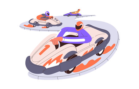 Kart racing. Racers in road cars, gocarts, driving at fast speed at competition. People in go-carts, auto vehicles. Extreme sport entertainment. Flat vector illustration isolated on white backgroundのイラスト素材