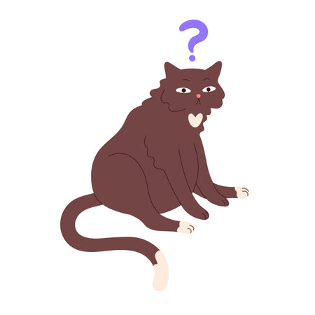 Cute puzzled confused cat. Funny feline animal, kitty staring, looking with question, bewildered astonished emotion. Amazed pet wondering. Comic flat vector illustration isolated on white backgroundのイラスト素材