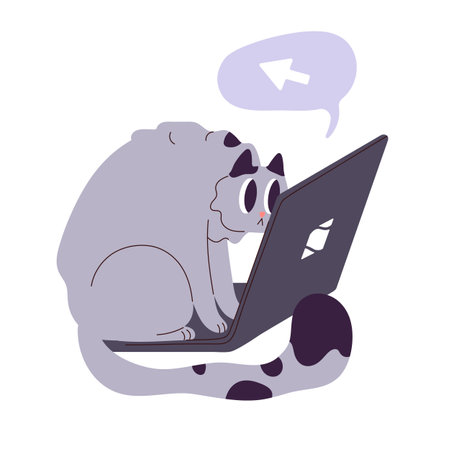 Cat sitting on laptop. Cute funny kitty surfing internet online. Amusing adorable feline animal, computer user. Tomcat and technology concept. Flat vector illustration isolated on white backgroundのイラスト素材