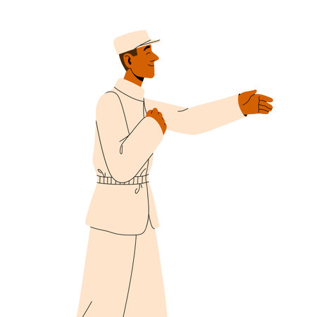 Happy peaceful soldier. Smiling glad serviceman in abstract military uniform. Young kind man coming back, returning after war. Flat graphic vector illustration isolated on white backgroundのイラスト素材