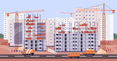 Construction site with cranes and multi-storey buildings, apartment houses. Multistory structures, block of flats, condo development process. Residential real estate, property. Vector illustrationのイラスト素材