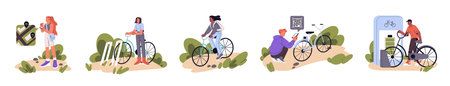 People renting bicycle set. Bike rental service with mobile phone app, cycle stations, parkings....