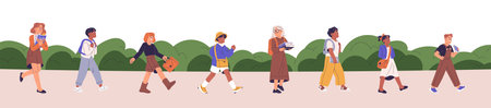 Elementary students, kids going to school. Happy children with backpacks, bags, books walking. Diverse girls and boys carrying rucksacks and textbooks. Schoolkids, pupils. Flat vector illustrationのイラスト素材