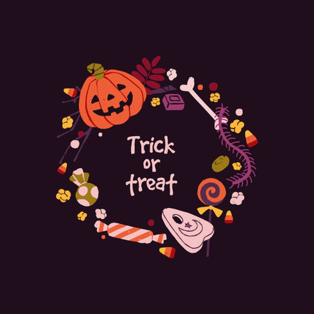 Trick or Treat, circle wreath for Halloween, fall holiday. Helloween decoration, design element with cute spooky Jack pumpkin, candies, sweets, bones. Autumn frame decor. Flat vector illustrationのイラスト素材