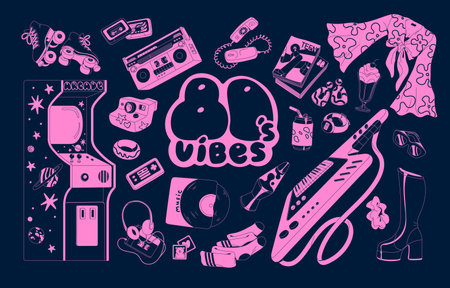 Retro elements set, 80s vibe. Fashion pop 1980s items, funky stuff. Boombox, game machine, music recorder, telephone, cassettes in 1980 style. Flat vector illustrations isolated on white backgroundのイラスト素材