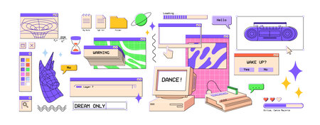 90s interface elements, UI in retro vaporwave style. 2000s digital aesthetics. Nostalgic windows, frames, popup messages set. Colored flat graphic vector illustrations isolated on white backgroundのイラスト素材
