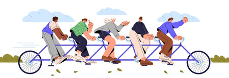 Team riding bicycle together. Common business, teamwork concept. United organized people group cycling. Cooperation, collaboration metaphor. Flat vector illustration isolated on white backgroundのイラスト素材