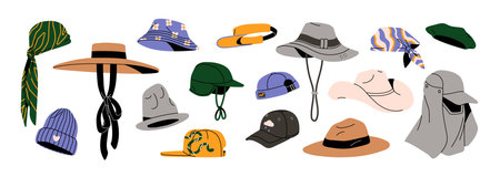 Headwear of different types set. Caps, summer panama, visor, beach, cowboy, fishing hat, beret, bandana. Head wearing, clothes collection. Flat graphic vector illustration isolated on white backgroundのイラスト素材