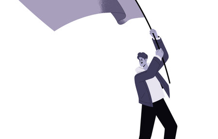 Protester, political activist holding flag at picket, revolution. Angry person with waving banner in hand, protesting at street rebellion. Flat vector illustration isolated on white backgroundのイラスト素材