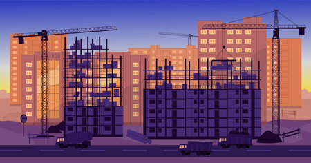 Construction site. Building process of multi-storey apartment houses development. Condo and cranes, condominiums structures in residential district. Real estate, architecture. Flat vector illustrationのイラスト素材