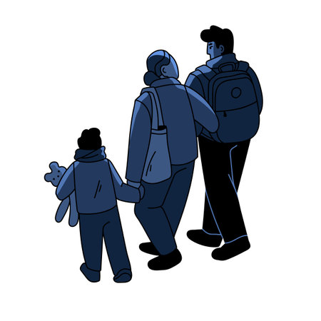 Sad family leaving, going away together. Parents and kid refugees departing. Mother, father and child in problem, difficulty, crisis. Flat graphic vector illustration isolated on white backgroundのイラスト素材