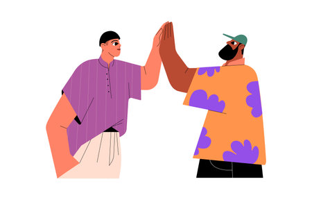Men friends giving high five, slapping palms. Guys meeting, greeting with informal hi gesture, saying hello. Interracial male characters. Flat vector illustration isolated on white backgroundのイラスト素材