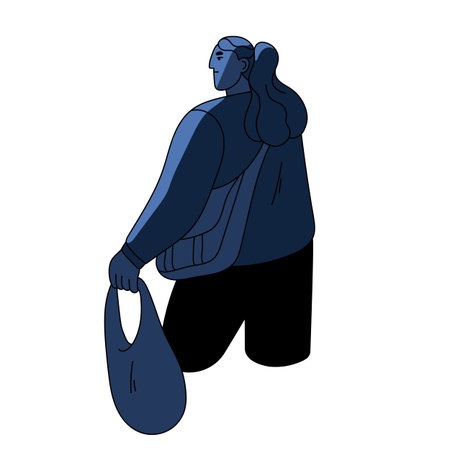 Woman stranger, wanderer with bags at night. Sad depressed person with problems. Female migrant passenger leaving, departing at nighttime. Flat vector illustration isolated on white backgroundのイラスト素材