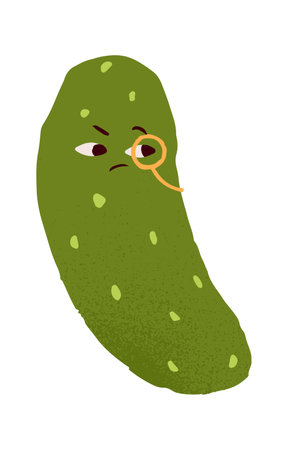 Suspicious sceptical cucumber with distrustful face expression, doubting emotion. Funny discontent vegetable character with monocle eyeglass. Flat vector illustration isolated on white backgroundのイラスト素材