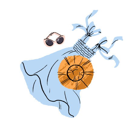 Women summer outfit. Girls dress, straw hat and sunglasses. Casual summertime apparel, clothes. Feminine look, wearing, attire in modern style. Flat vector illustration isolated on white backgroundのイラスト素材