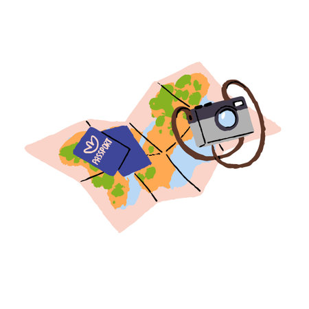 Travel and tourism concept. Map, camera and passports composition. Holiday accessories for journey,...