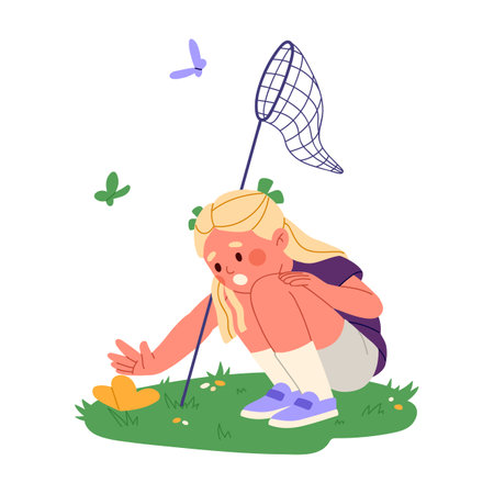 Kid catching butterflies with net catcher on summer holiday. Happy little girl child hunting insects, moths in nature on summertime vacation. Flat vector illustration isolated on white backgroundのイラスト素材
