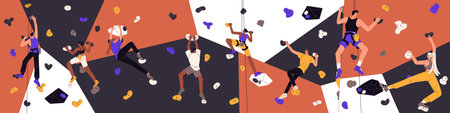 Climbing bouldering wall panorama. Men and women climbers hanging on ropes in indoor rock, artificial mountain park, gym. People during sport activity, gripping stones. Flat vector illustrationのイラスト素材