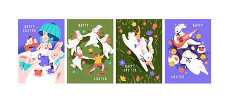Happy Easter cards set. Cute funny rabbits, bunnies with eggs, chicken, flowers on spring holiday....