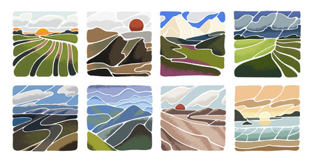 Abstract landscape set. Modern art in minimal style. Painted wild nature, sunset, mountains, desert,...