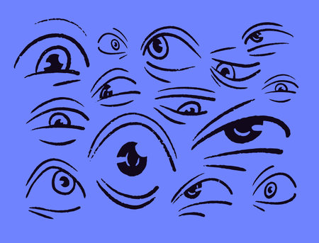 Eyes expressions, negative emotions set. Expressing evil, fear, shock, disgust, fright and hate reactions, mood. Feeling scared, angry, tired, unhappy. Hand-drawn isolated vector illustrationsのイラスト素材