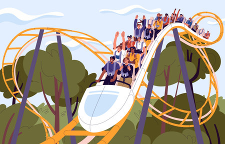 People ride on roller coaster. Fun vacation in amusement park, extreme entertainment, attractions give happy, joy, scream, excited to men, women. Summer holidays with company. Flat vector illustrationのイラスト素材