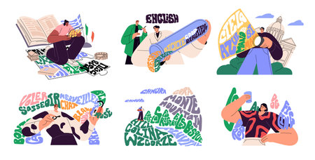 Language learning concept set. Foreign people study English, French, Spanish on linguistic course for self education. Exchange student at school, college, university. Flat isolated vector illustrationのイラスト素材