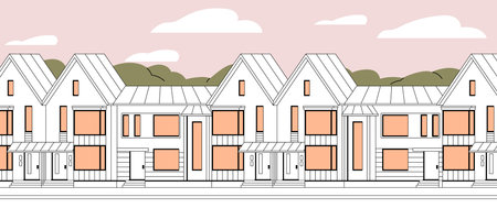 Modern townhouse in city. Suburban building with neighborhood in line style. Urban cluster of condo houses in town. New district with European exterior. Flat vector illustration lineart, panorama viewのイラスト素材