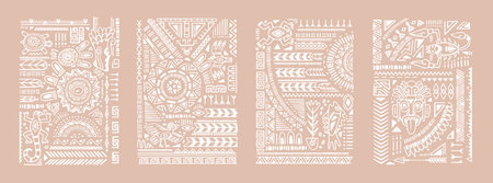 Aztec, African, Mayan ornaments set. Abstract geometric shapes and animals in boho style, ethnic pattern, tribal elements. Ancient Cherokee, Mexican tattoo, wall art. Flat graphic vector illustrationのイラスト素材
