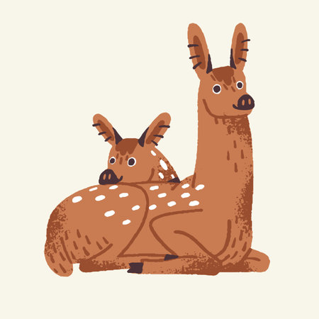 Cute woodland and zoo animal, happy calf. Forest sika deers, fluffy and funny mother and baby lie. Furry wood beast smile, kid and childish style. Flat isolated vector illustration on white backgroundのイラスト素材