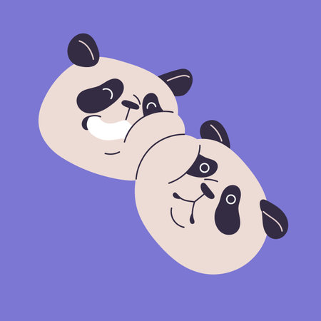 Cute panda muzzles. Couple of asian bears smile and laughing. Pair of funny happy animals faces. China fluffy character emotion, kid and childish style, sticker. Flat isolated vector illustrationのイラスト素材