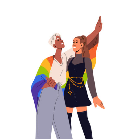 LGBT love couple, lesbian girls holding LGBTQ rainbow flag. Happy homosexual women, girlfriends in romantic relationships. Pride month concept. Flat vector illustration isolated on white backgroundのイラスト素材