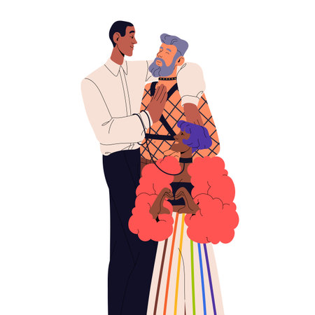 LGBT polyamory partners. Two bisexual men and woman in love, romantic relationships. Poly family, polyamorous lovers. Sexual freedom concept. Flat vector illustration isolated on white backgroundのイラスト素材