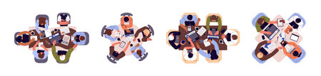 Office table top view set. People build business, study to teamwork, discuss report, sitting around...