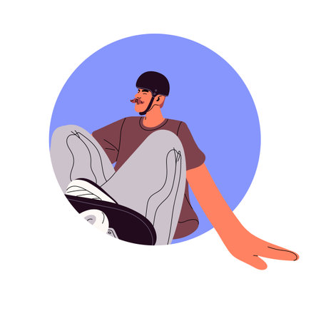 Skater, young active man avatar. Happy guy riding skateboard, portrait in action, motion. Person on skate board, extreme sport, user profile. Flat vector illustration isolated on white backgroundのイラスト素材