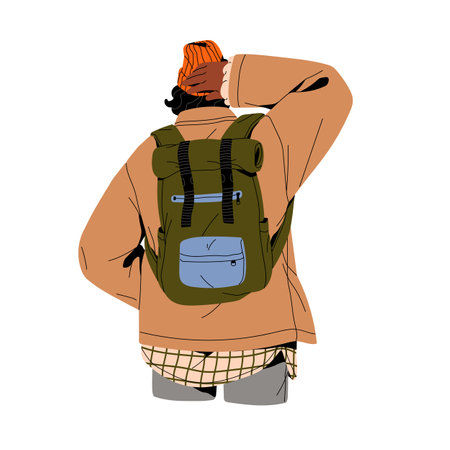 Person travel with unisex backpack in winter outfit, modern trip look. People with camping, hiking bag. Tourist walking in bright hat, back view. Flat isolated vector illustration on white backgroundのイラスト素材