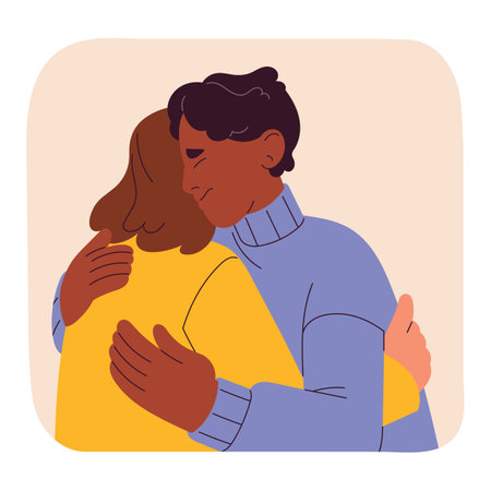 Man hug friend, scared solitude, need company, trust and support, afraid isolation. Autophobia, monophobia, phobia of loneliness concept. Friendship help with mental disorder. Flat vector illustrationのイラスト素材