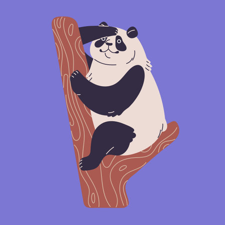 Cute panda gazing. Happy Asian bear sitting and search on tree, fluffy plump animal look at nature, furry interested character observe and following jungle and smile. Flat isolated vector illustrationのイラスト素材