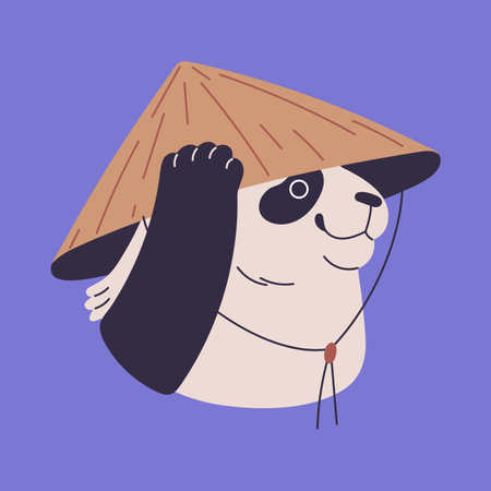 Cute panda in traditional chinese, conical, rice hat. Fluffy asian bear put on headdress on furry head, lovely animal muzzle with headwear from bamboo. China culture. Flat isolated vector illustrationのイラスト素材