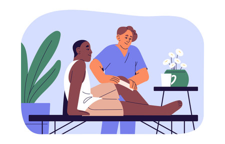 Doctor treatment patient with trauma, hurt, injure. Nurse dressing wound on couch, care health of people in hospital. Medical examinations, checkup, therapy. Flat isolated vector illustration on whiteのイラスト素材