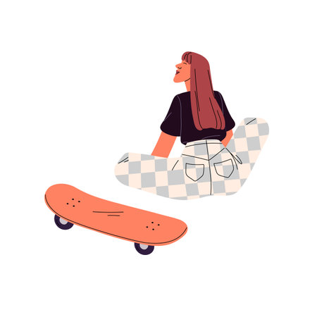 Girl sitting near skateboard, dreaming. Happy young woman skateboarder enjoying holiday, active hobby. Person skater relaxing with skate board. Flat vector illustration isolated on white backgroundのイラスト素材