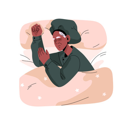 Old woman sleep in bed. Asleep granny relax in pajamas at night, gray people dream on pillow, sleeper senior lady lying under blanket, top view. Flat isolated vector illustration on white backgroundのイラスト素材